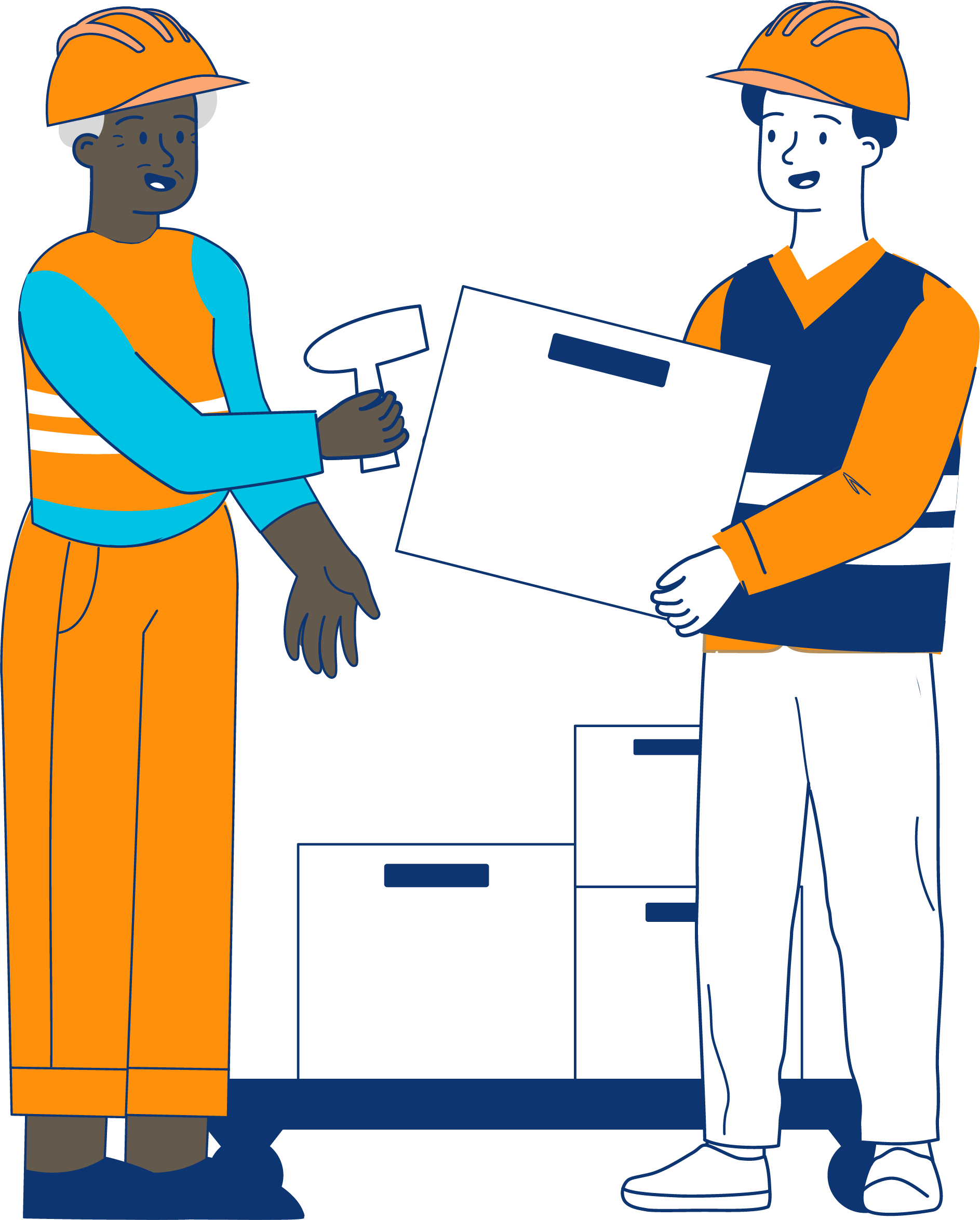 Kuvituskuva, jossa toinen henkilö pitää varastossa laatikkoa, josta toinen henkilö skannaa viivakoodia.