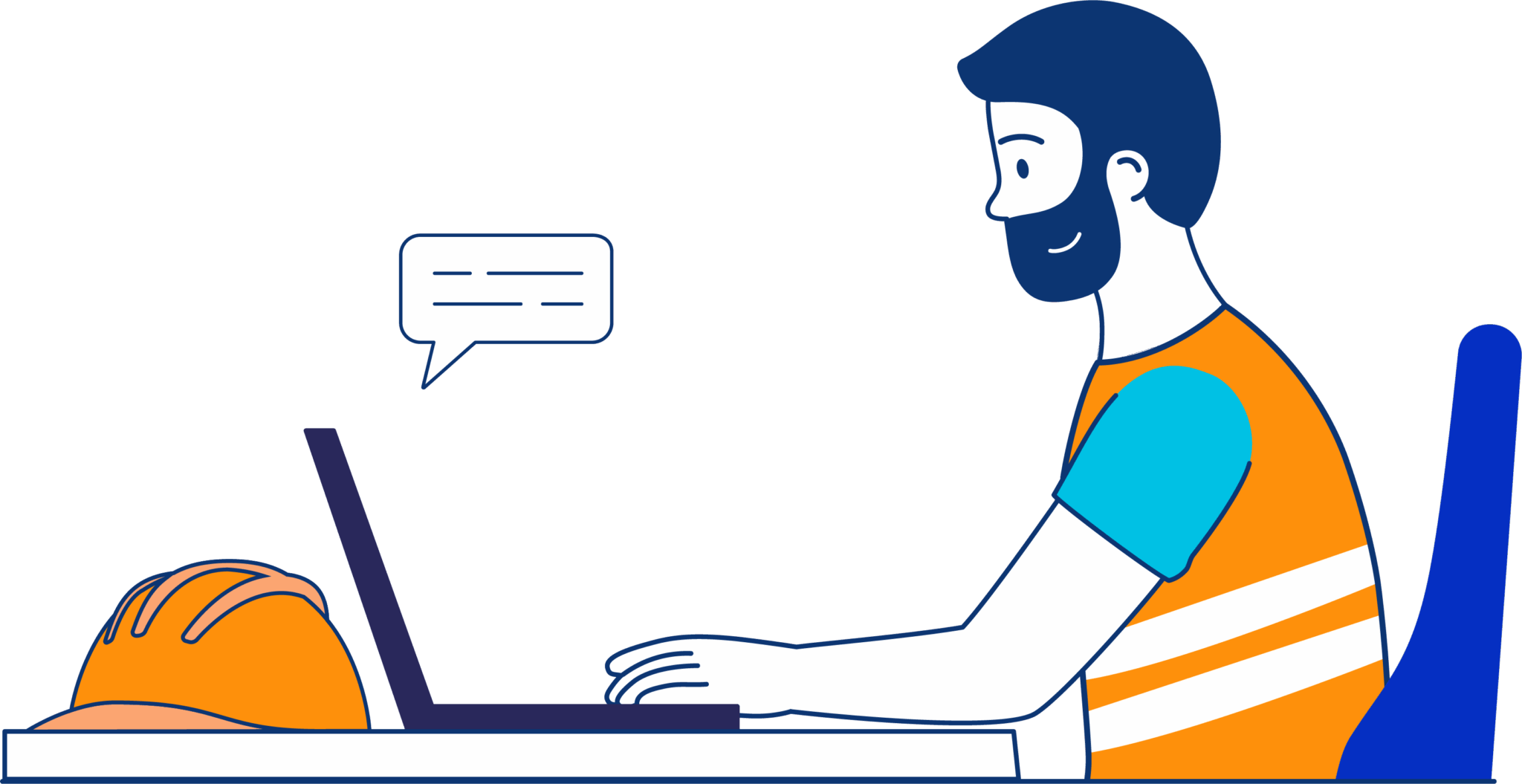 Kuvituskuva, jossa henkilö istuu kannettavan tietokoneen ääressä. Pöydällä on varastossa käytettävä kypärä.