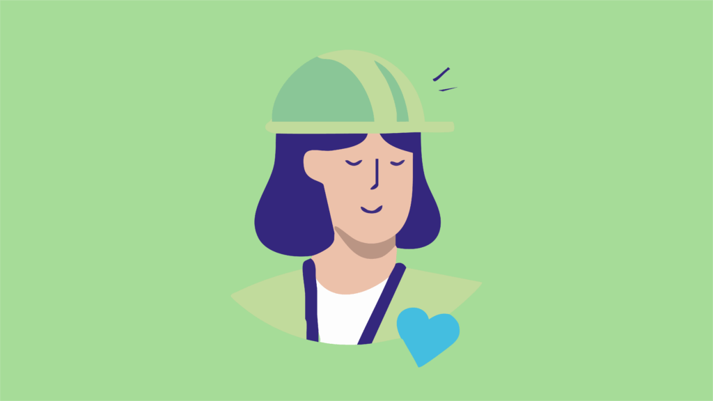 Kuvituskuva, jossa työntekijällä varastokypärä päässä.