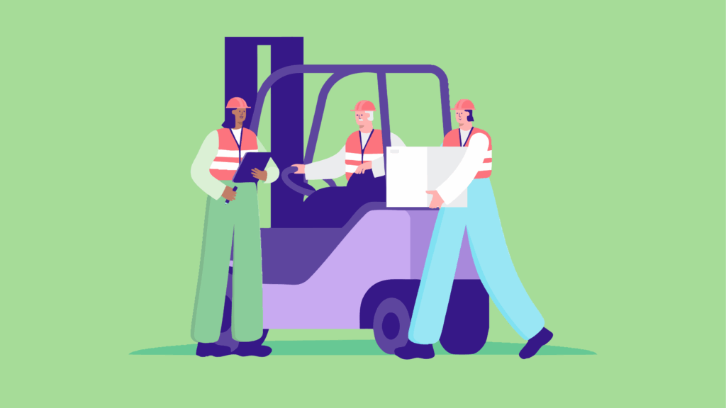 Kuvituskuva, jossa varastotyöntekijöitä. Yksi kantaa laatikkoa, yksi tarkastelee kannettavaa tablet-laitetta ja yksi ajaa trukkia.