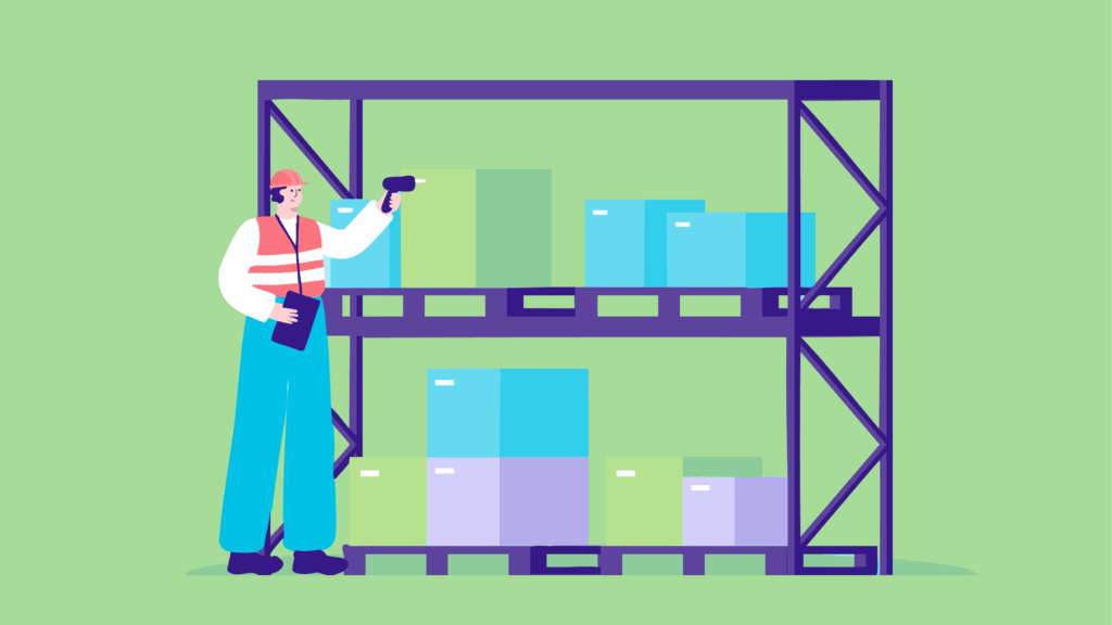 Kuvituskuva, jossa varastotyöntekijä skannaa laatikosta viivakoodia.