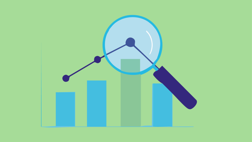 Kuvituskuva, jossa pylväskaavio, joka kuvaa kehitystä ja yrityksen kasvua.